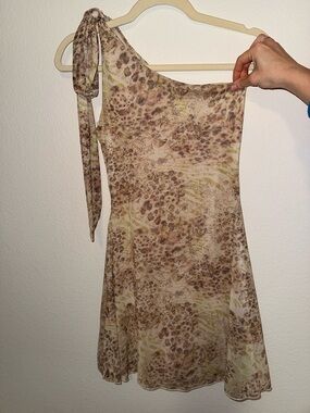 One-Shoulder Tie-Strap Floral Animal Print Dress in Beige